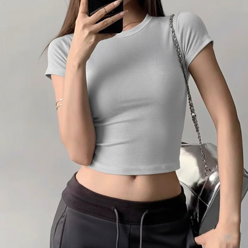 PLATINUM WORLD เสื้อครอปถักธรรมดา O คอ Fit Body - เสื้อเชิ้ตธรรมดาผู้หญิง T3