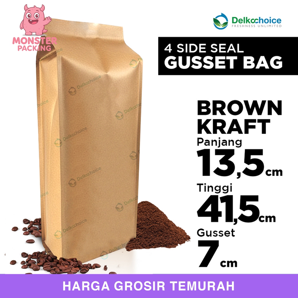 Metalizing Gusset Bag 4 Side Seal Foil 13.5cm x 41.5cm Kraft Coffee Beans Coffee Bag DELKOCHOICE