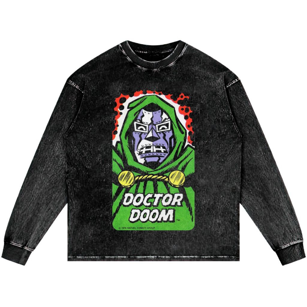 DOCTOR DOOM LONG SLEEVE STONE WASH OVERSIZED เสื้อยืด VINTAGE TEE UNISEX TOP COMICS CLOTHES