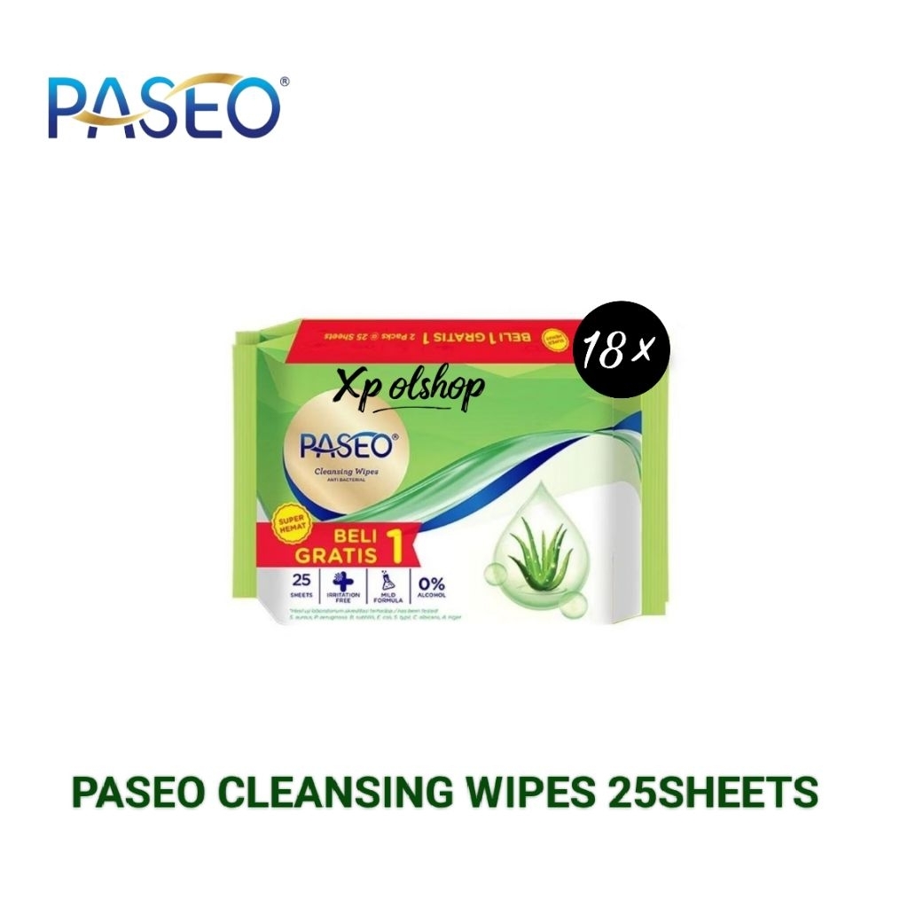 | 1 กล่อง = 18 2 PACK | PASEO CLEANSING WIPES ANTIBACTERIAL WET TISSUE 25 แผ่น 1 ชั้น