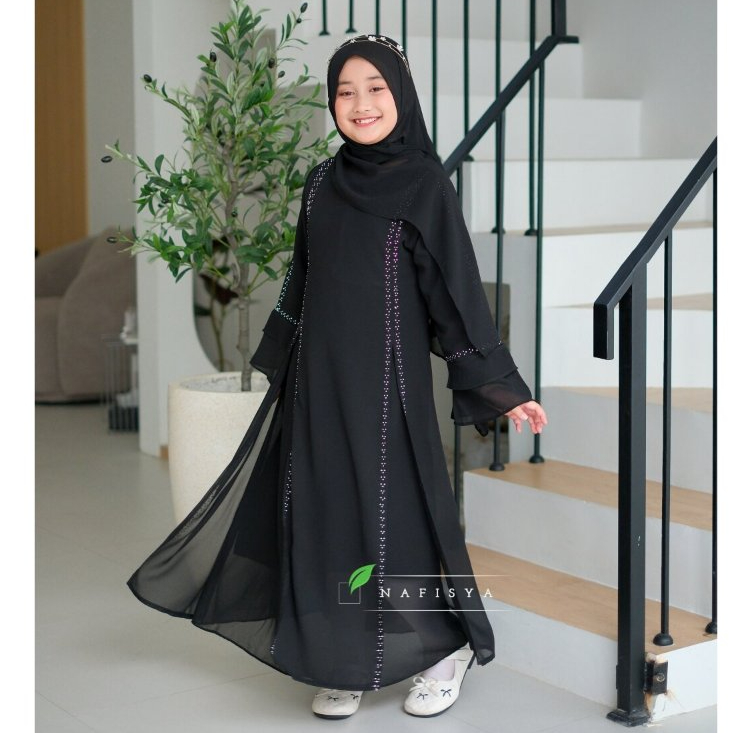 Syahara ชุด Abaya สําหรับเด็กผู้หญิงอายุ 5 ถึง 17 ปี Ceruty Babydoll วัสดุ Swarovski เลื่อมมุสลิมชุด Syari