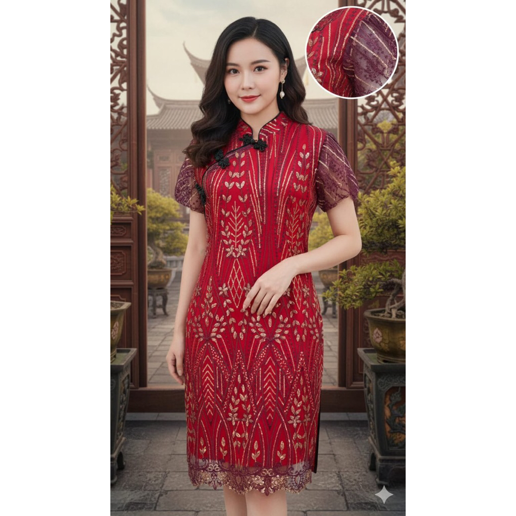 MERAH ชุดตรุษจีน shanghai ปลอกคอ qibao cheongsam สีแดง