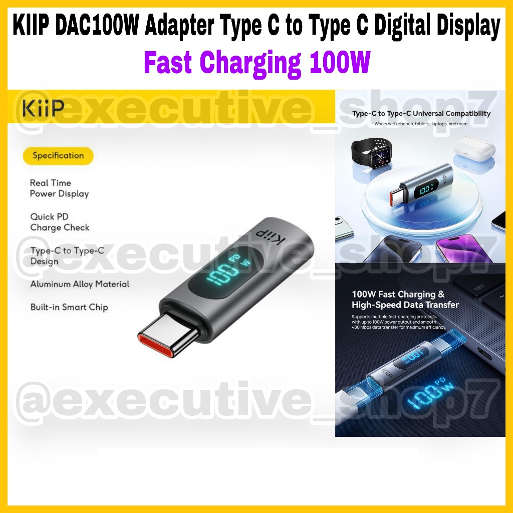 KIIP DAC100W อะแดปเตอร์ Type C ถึง Type C จอแสดงผลดิจิตอลชาร์จเร็ว 100w