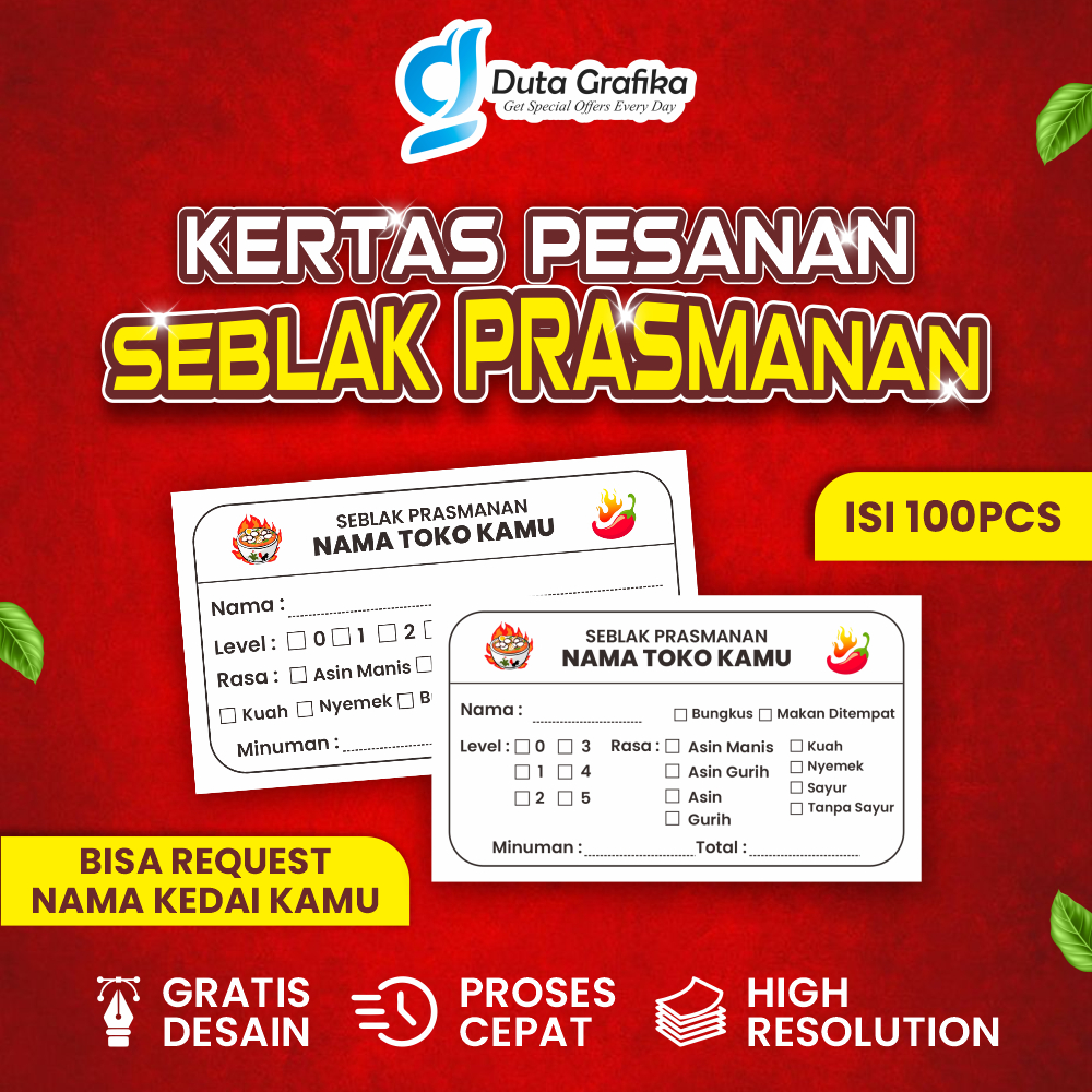 กระดาษการสั่งซื้อ Seblak / เนื้อหารายการสั่งซื้อ Seblak 100 ชิ้น