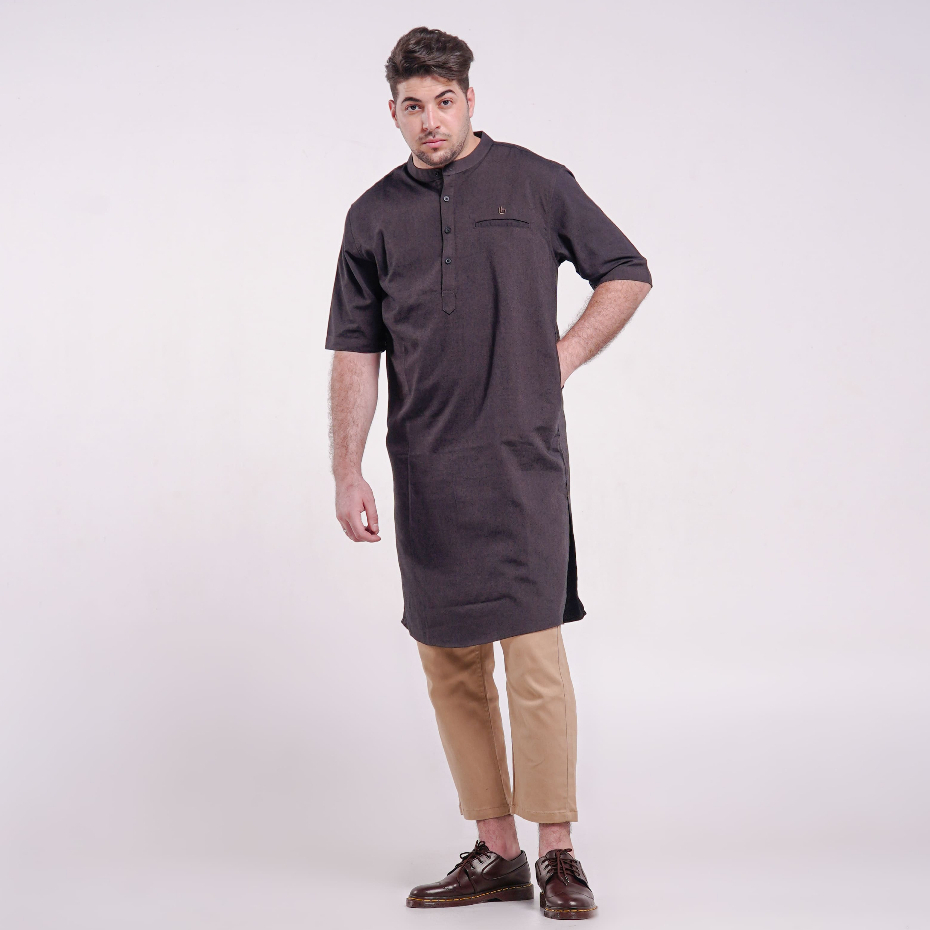 KATUN LUQMAN HAKIM - Ammar Dark Brown Gamis - Pakisani Muslim Mens Short Sleeve Gamis Premium interl
