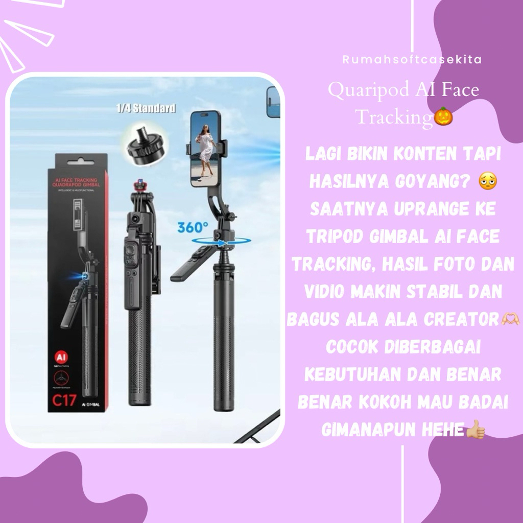 TRIPOD C17 AUTO FACE TRACKING AI FACE TRACKING 1.63M GIMBAL HANDPHONE 360° LED QUADRIPOD TONGSIS BLU