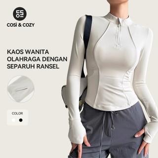 COSI COZY Baju Olahraga Wanita Lengan Panjang Hijab Sport Kaos Long Sleeve T-Shirt Yoga Desain Resleting