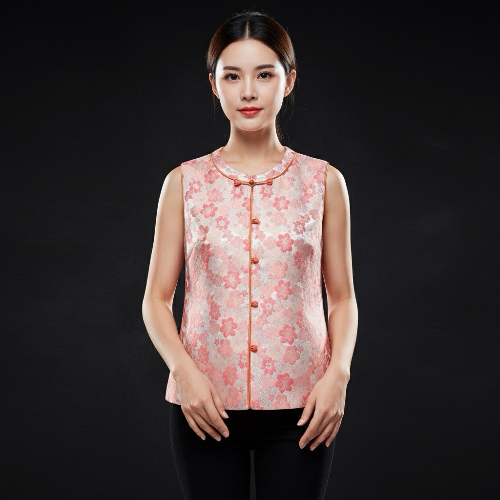 MERAH FEN FEN - เสื้อกั๊ก Qipao สีแดงและสีชมพูลายดอกไม้ (ขนาดทั้งหมด)