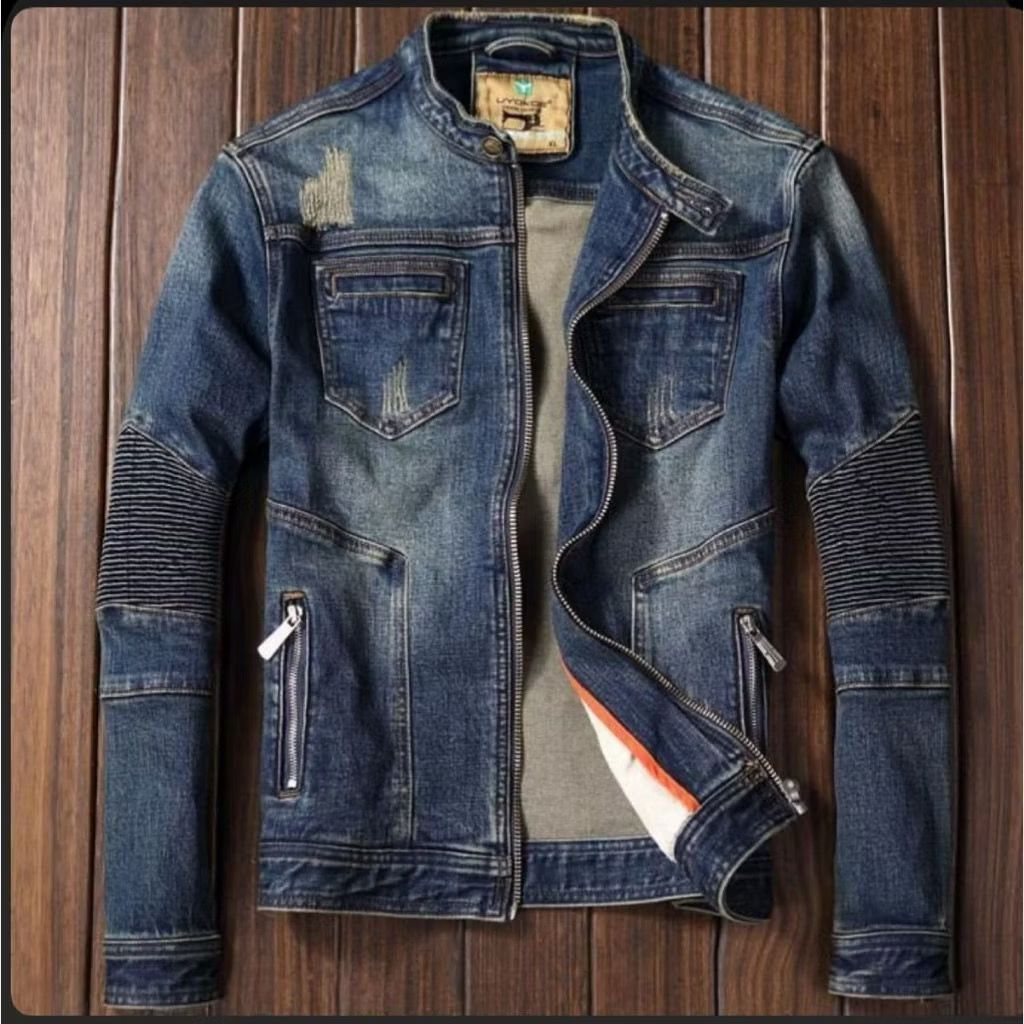 THREEFAMS Co MENS DENIM JEANS JACKET BIKER SANGHAI COLLAR ZIPPER DARK BLUE THICK FASHION MENS CASUAL
