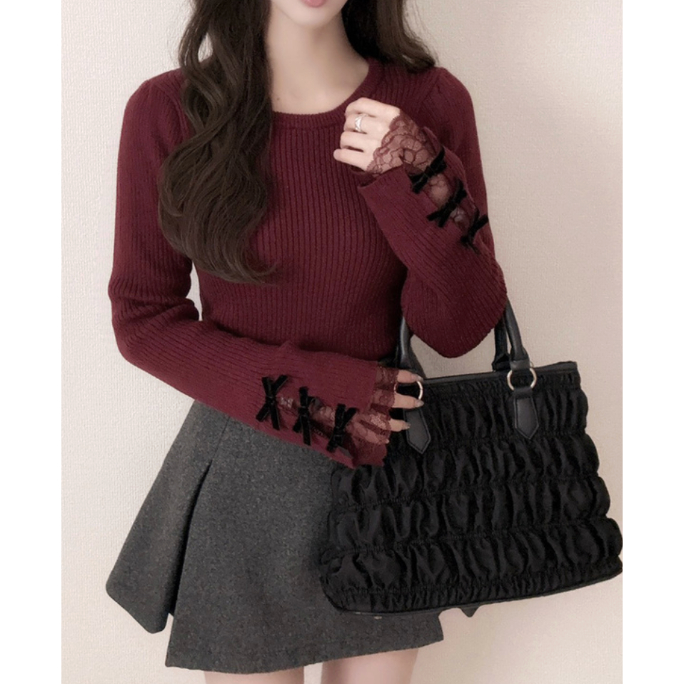 เสื้อถักซี่โครงลูกไม้ริบบิ้น GRL [pm791a]/GRL เสื้อถักผู้หญิง