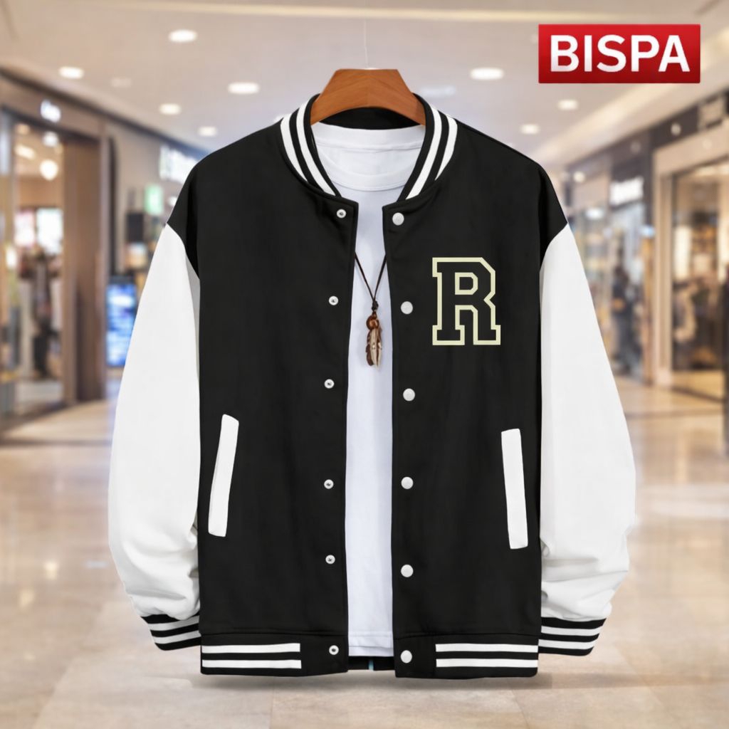- Varsity Baseball Jacket Button LOGO R ข้อความ SILVER Premium Button Varsity Jacket ผู้ชายผู้หญิงล่