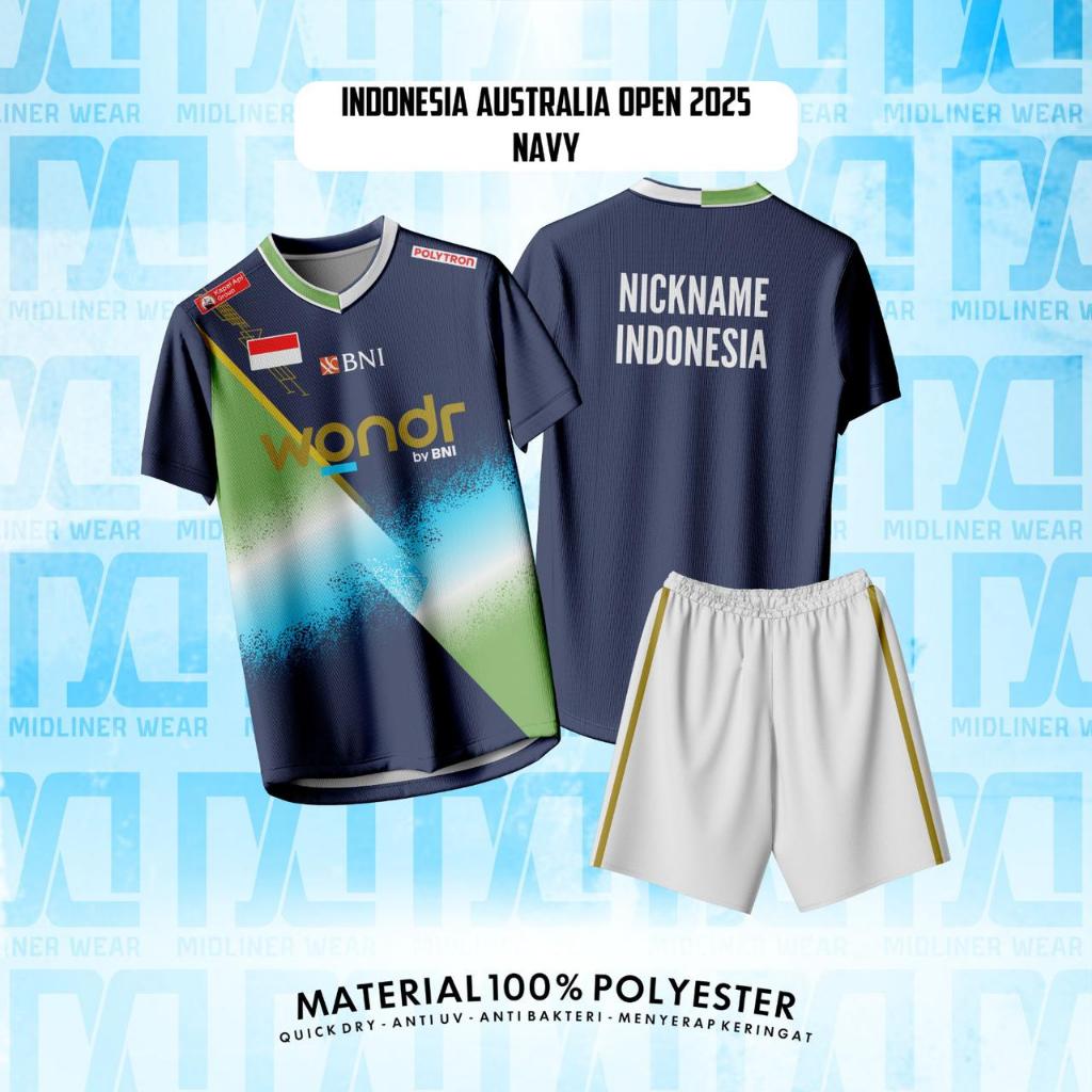 เสื้อเด็กและผู้ใหญ่ BADMINTON INDONESIA AUSTRALIA OPEN NAVY 2025 Dryfit – ชุดสูทแขนสั้นยาว/ชื่อที่กํ