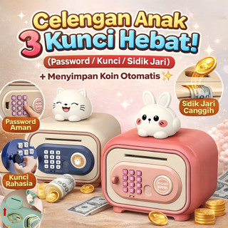 Celengan Anak Brankas 3 Kunci  Password + Sidik Jari + Kunci Celengan Otomatis Lucu Kelinci & Kucing Edukasi Menabung