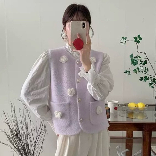 KNIT FLOWER FUR WINTER VEST TOP (เฉพาะที่, ไม่ใช่ภายใน) MX450
