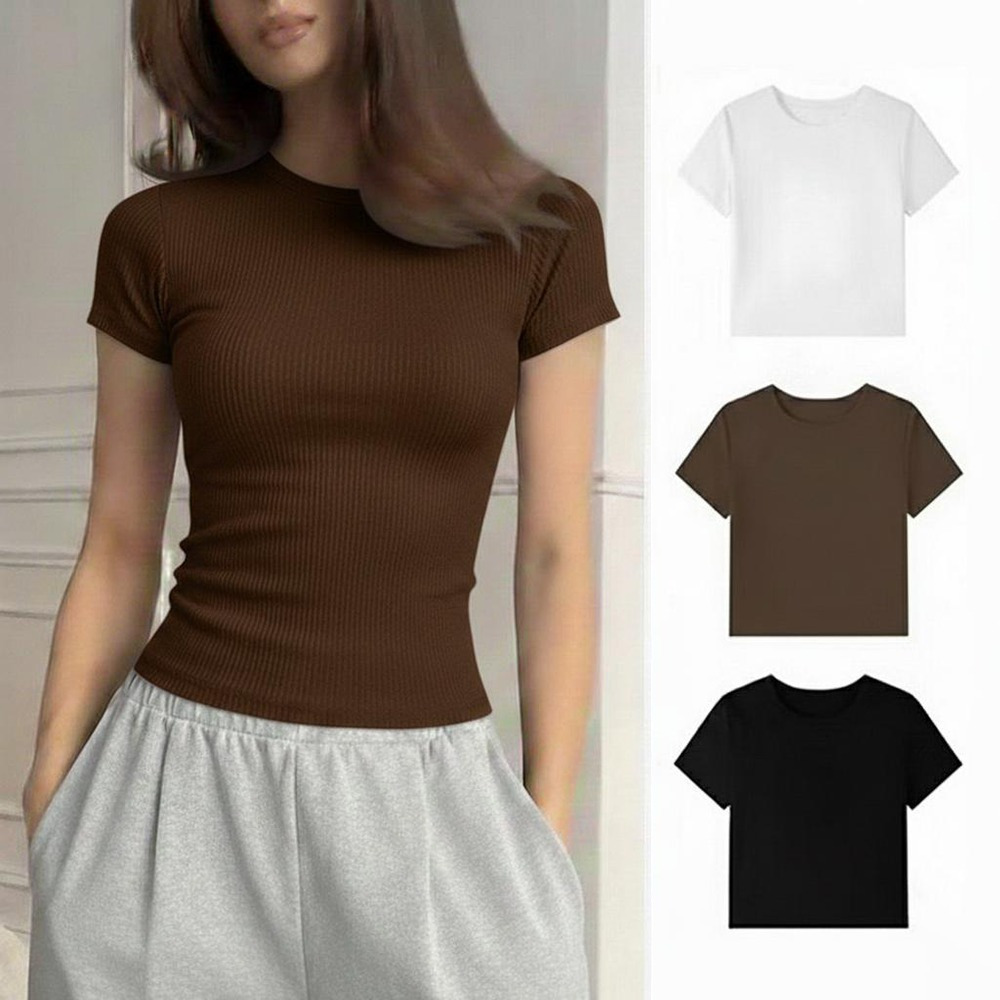 PLATINUM WORLD เสื้อยืด Top Knit Regular Plain O Neck Fit Body - เสื้อยืดธรรมดาผู้หญิง O3