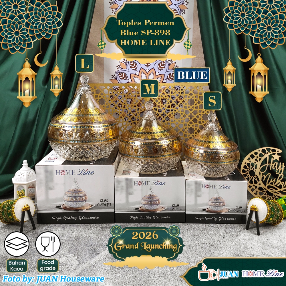 HOME LINE Blue Gold Glass Candy Jar S/M/L Special Eid / Premium Glass Candy Container SP-898