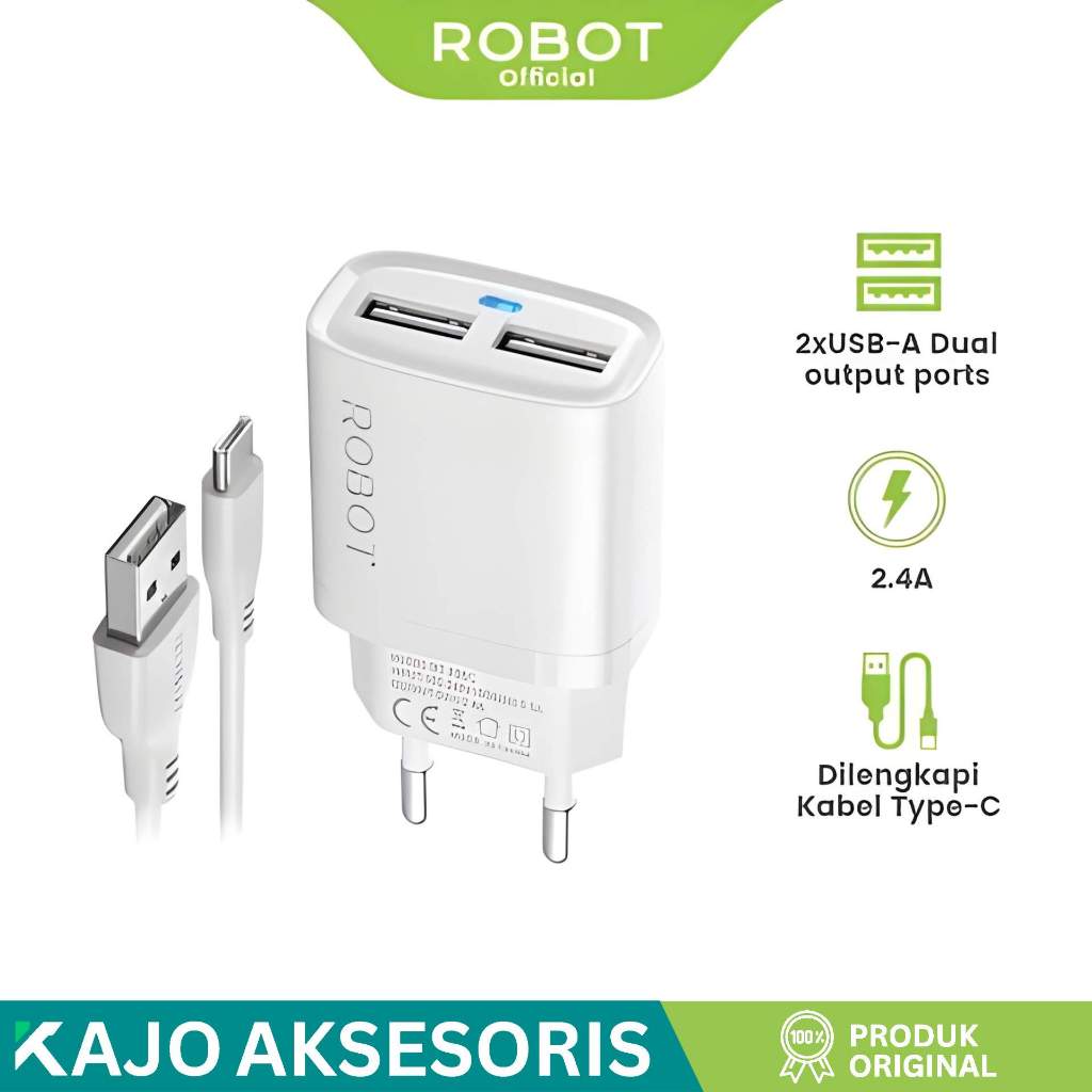 Travel Adapter Robot RT-K9SC 2.4A Dual Port Usb Free Micro / Type C Data Cable