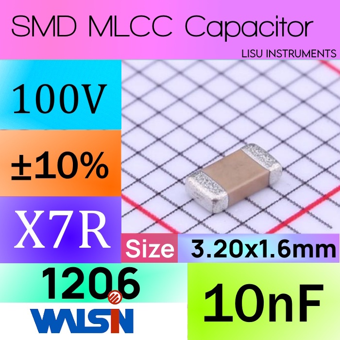 10nF 1206 100V X7R ±10% SMD MLCC ตัวเก็บประจุ Walsin 1206B103K101CT