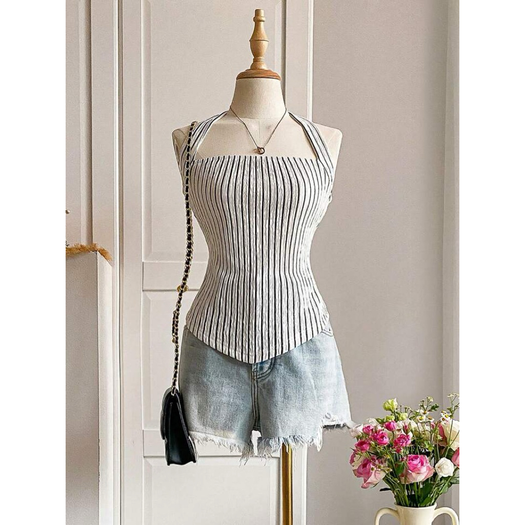 [PRE ORDER] FYF_A0722 - เสื้อคล้องคอ Y2K ลายทาง