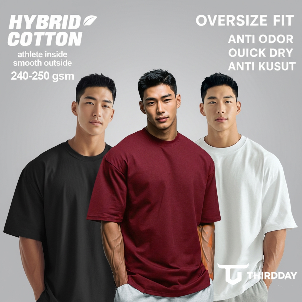 HIJAU THIRDDAY Oversize Gym เสื้อยืดหนา 250gsm Hybrid Cotton Plain Black MTX58 สีขาว MTX56 สีเทา MTX