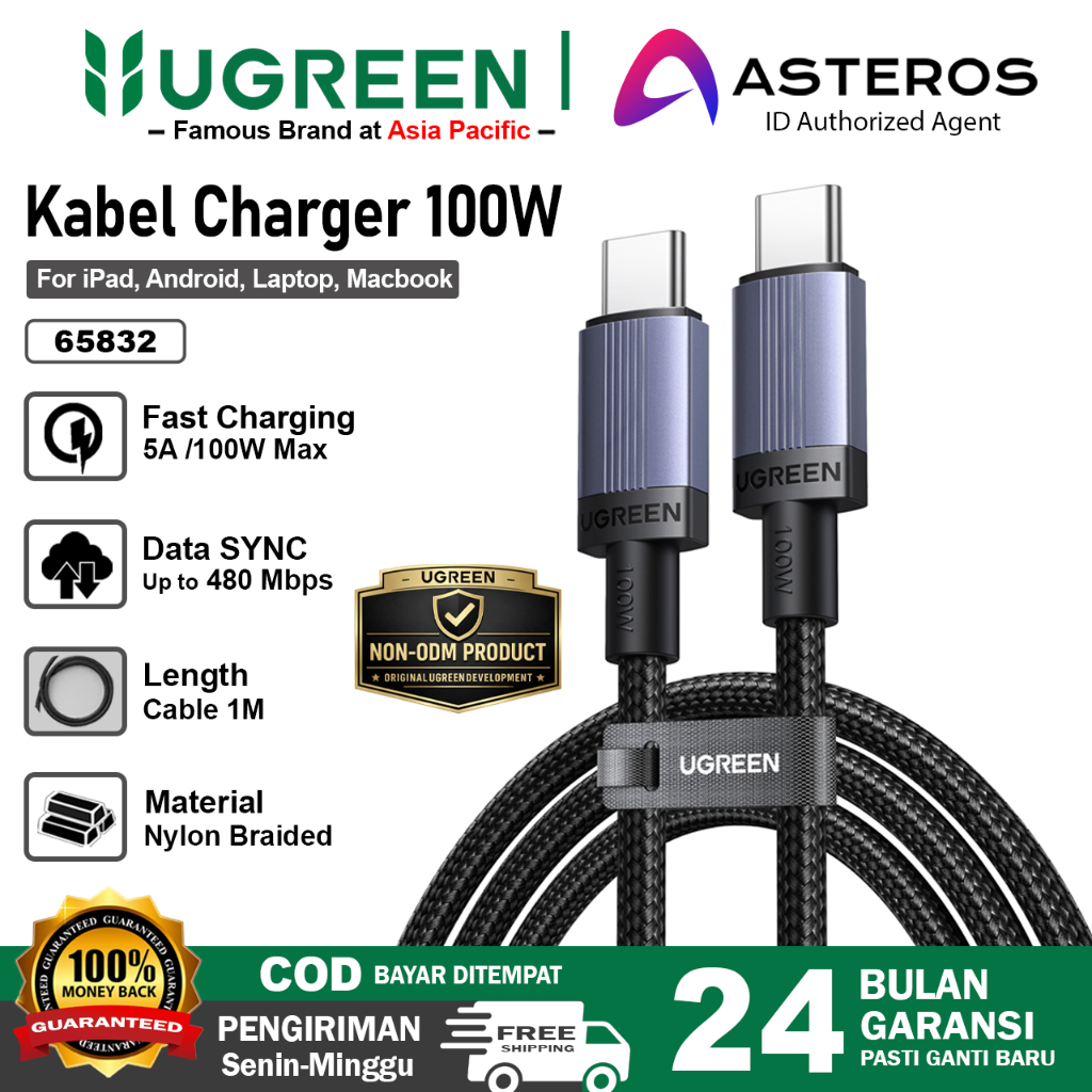 UGREEN สายเคเบิลข้อมูล Type C ถึง Type C 100W ชาร์จเร็ว PD 2.0 3A 5A 100W 1M 2M 3M