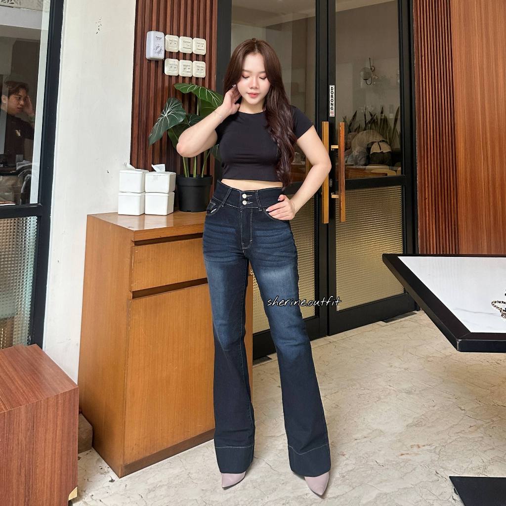 Jennie-HighWaist Cutbray กางเกงยีนส์ผู้หญิง Retro Vintage ยืดยาว Flare กางเกงพับด้านล่าง shine.outfi