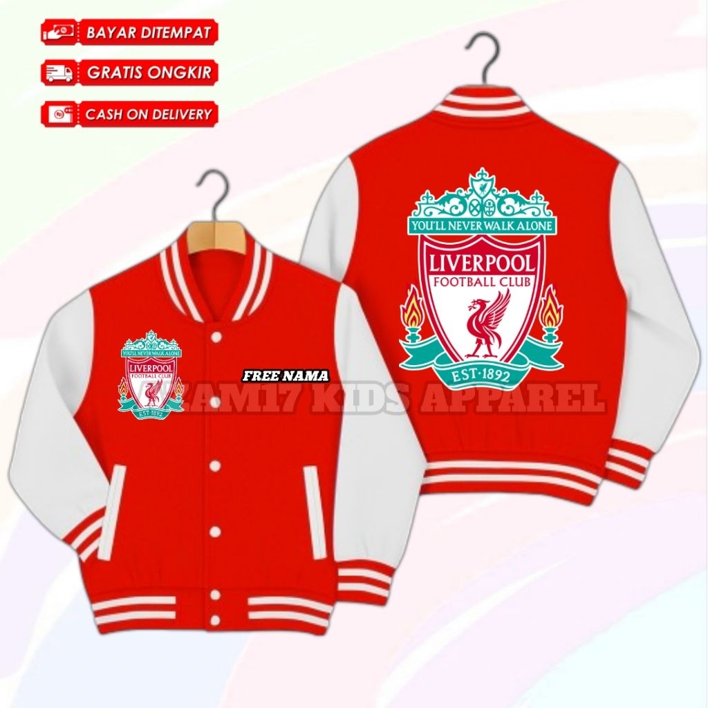 เสื้อแจ็คเก็ตเบสบอล Liverpool FC Varsity ชื่อฟรี / เสื้อแจ็คเก็ตเบสบอล Liverpool Football Club Kids 