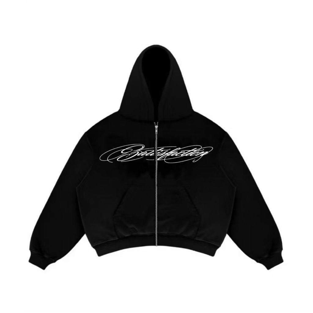 Satisfaction Hoodie Zipper Boxy 375GSM S.1 สีดํา