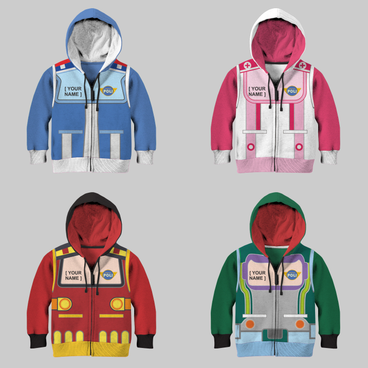 Robocar Poli Amber Roy Helly เสื้อแจ็คเก็ตมีฮู้ดสําหรับเด็ก นุ่ม หนา วัสดุเรียบ การพิมพ์ระเหิด ชื่อปรับแต่งได้