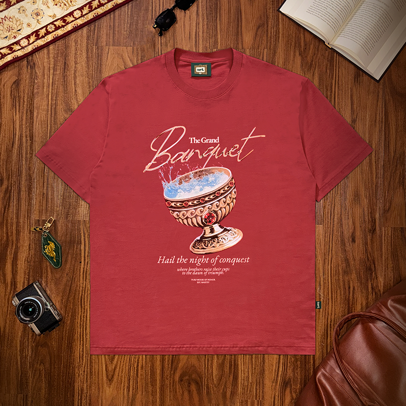 KATUN MERAH TURF - CHALICE Garnet Red Heavyweight Cotton Combed Graphic T-shirt Red Graphic Cotton T