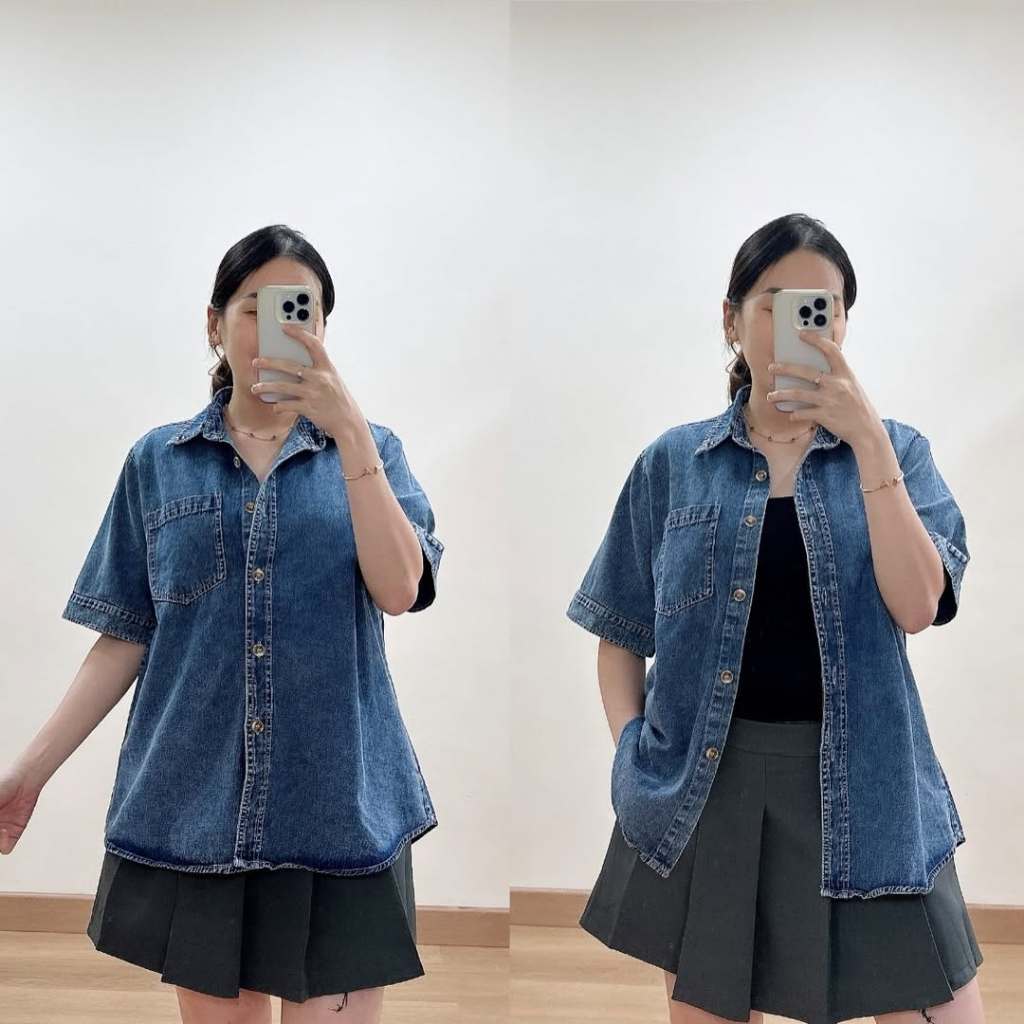 KEMEJA Uxuclo Denim Washed Shirt Short Sleeve / Womens Denim Shirt