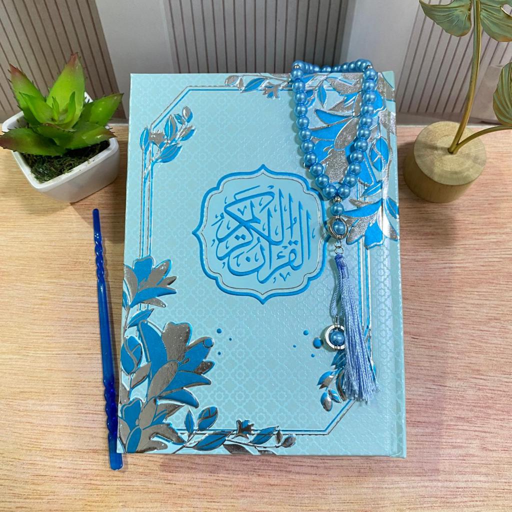 Quran Waqf Emboss Flower Blue Al-Quran 3D Hot Stamp ดอกไม้สวย Motif ฟรีเพิร์ล Tasbih 33 ลูกปัด