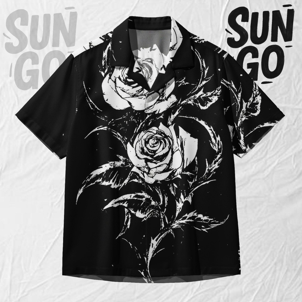 KEMEJA MAWAR SUN GO Mens Gothic Rose Shirt – Cool Monochrome Thorn Floral Shirt | SG158