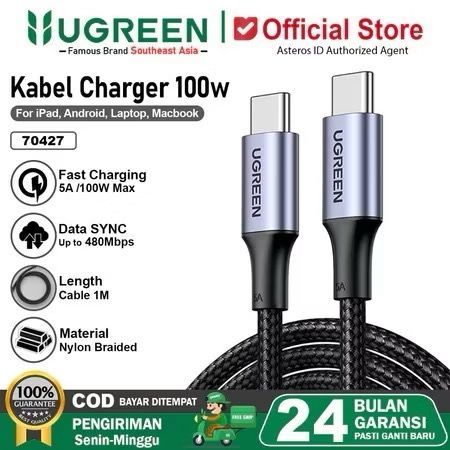 UGREEN สายเคเบิลข้อมูล PD Type C ถึง Type C 5A 100W 1M ชาร์จเร็ว 70427