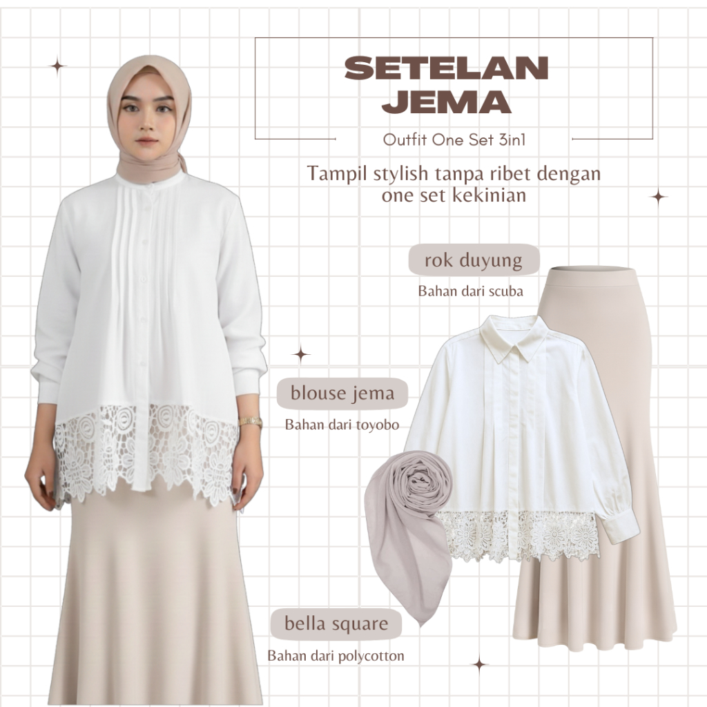KEMEJA ชุดชุดแต่งงานผู้หญิง (เสื้อลูกไม้ + กระโปรงนางเงือกดําน้ํา + ฮิญาบ) เสื้อฮิญาบลําลอง Jema AA7