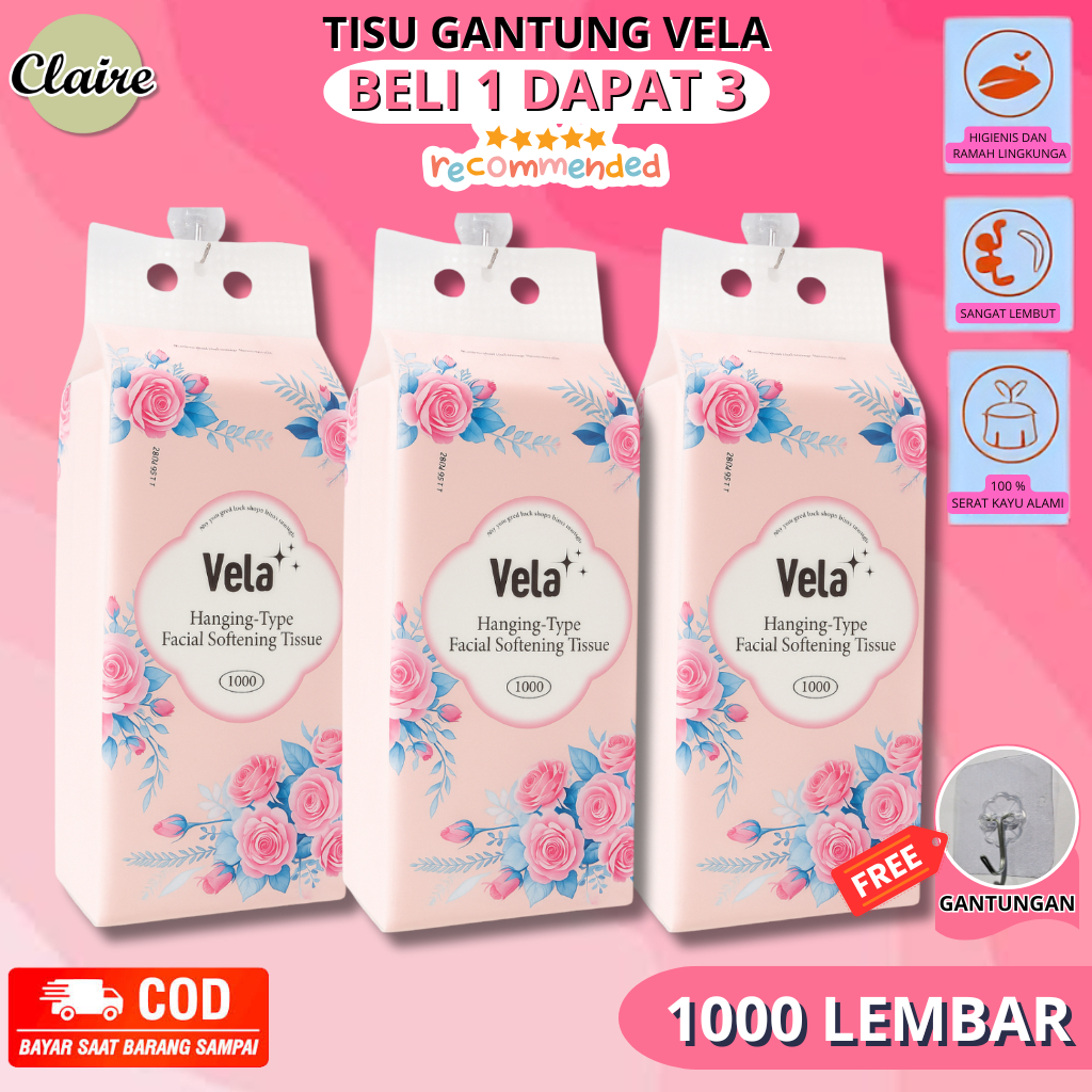 GANTUNGAN VELA 3PLY DRY TISSUE 1000 แผ่น / SOFT FACIAL TISSUE / ไม้แขวนเสื้อฟรี