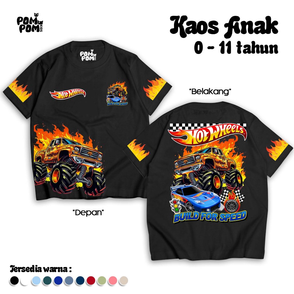 POMPOM KIDS I HOTWHEELS KIDS เสื้อยืด I Hotwheel แขนสั้น KIDS Top I ชายหญิงเสื้อผ้า 0-12 ปี I Hot ล้