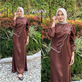 Dress Aluna Satin Silk Viral Termurah Full Payet Mutiara Gamis Pesta Wanita Kekinian OOTD Lebaran
