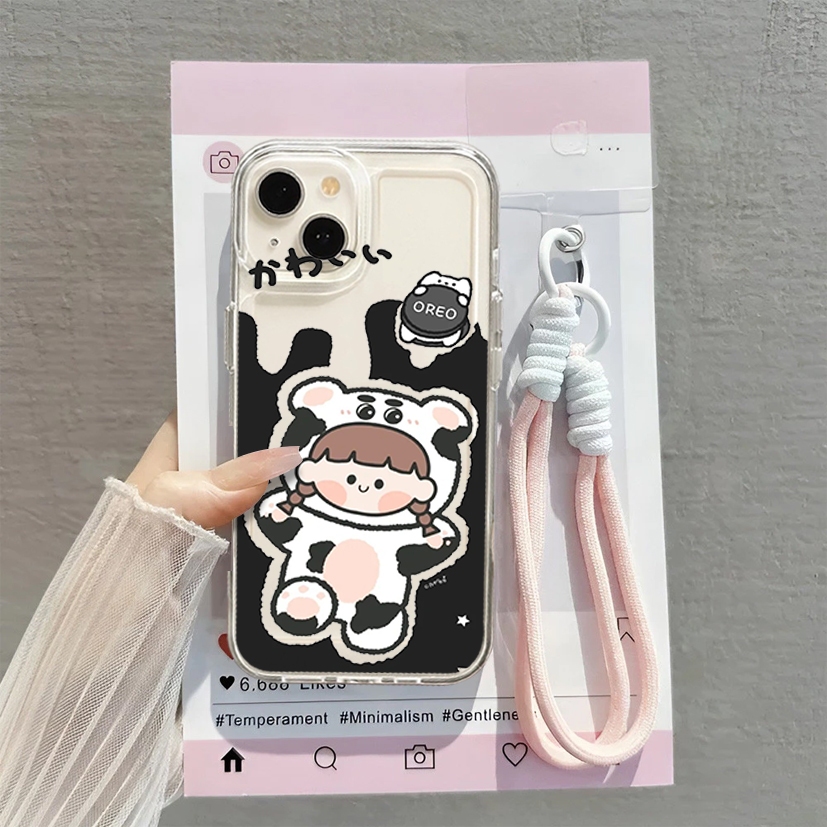 [ เคส+สายรัดรองรับ] เคสใสเคลือบเงาลายวัวน่ารักสําหรับOppo A15 A16 EK A17 K A18 A3S A39 A31 A38 A3 PR