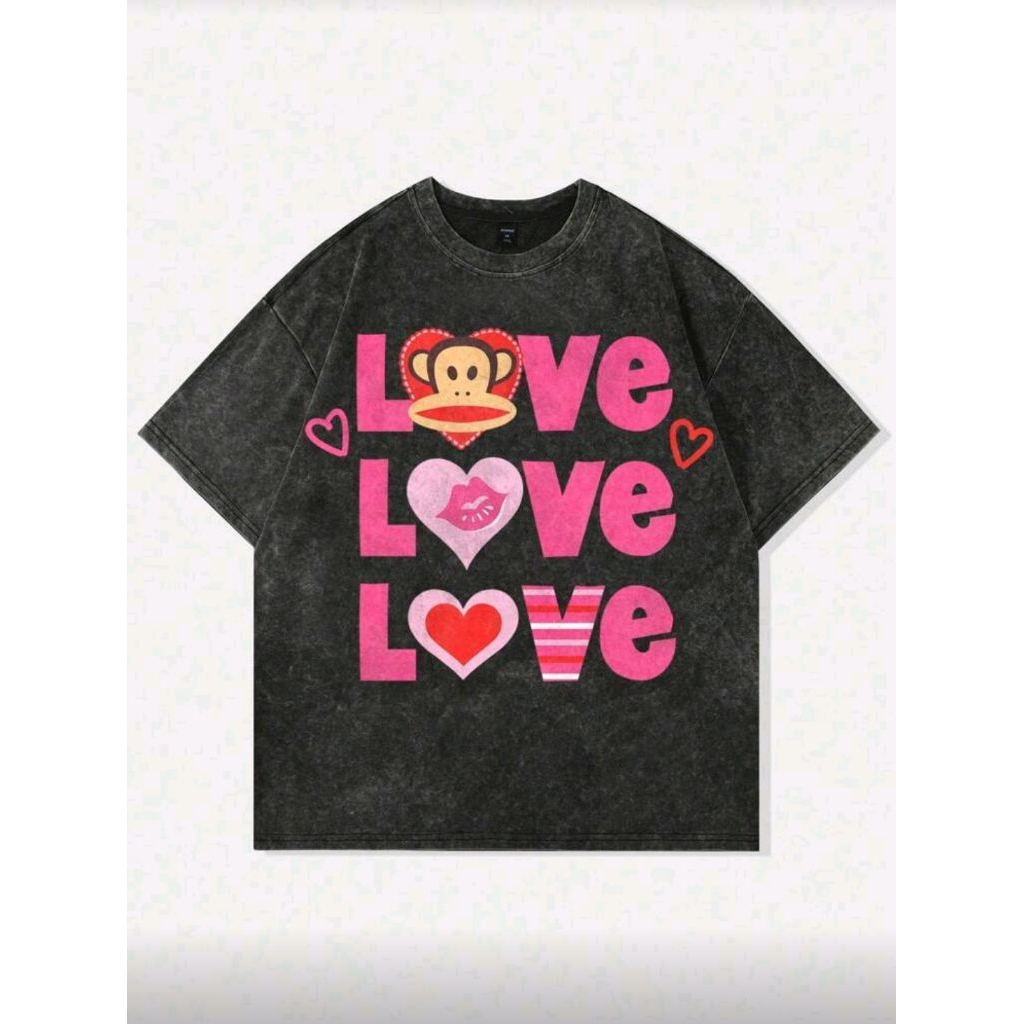 ROMWE MEN Paul Frank X ROMWE ผู้ชายการ์ตูนและพิมพ์ตัวอักษรแขนสั้นล้าง Vintage Distressed เสื้อยืด, H