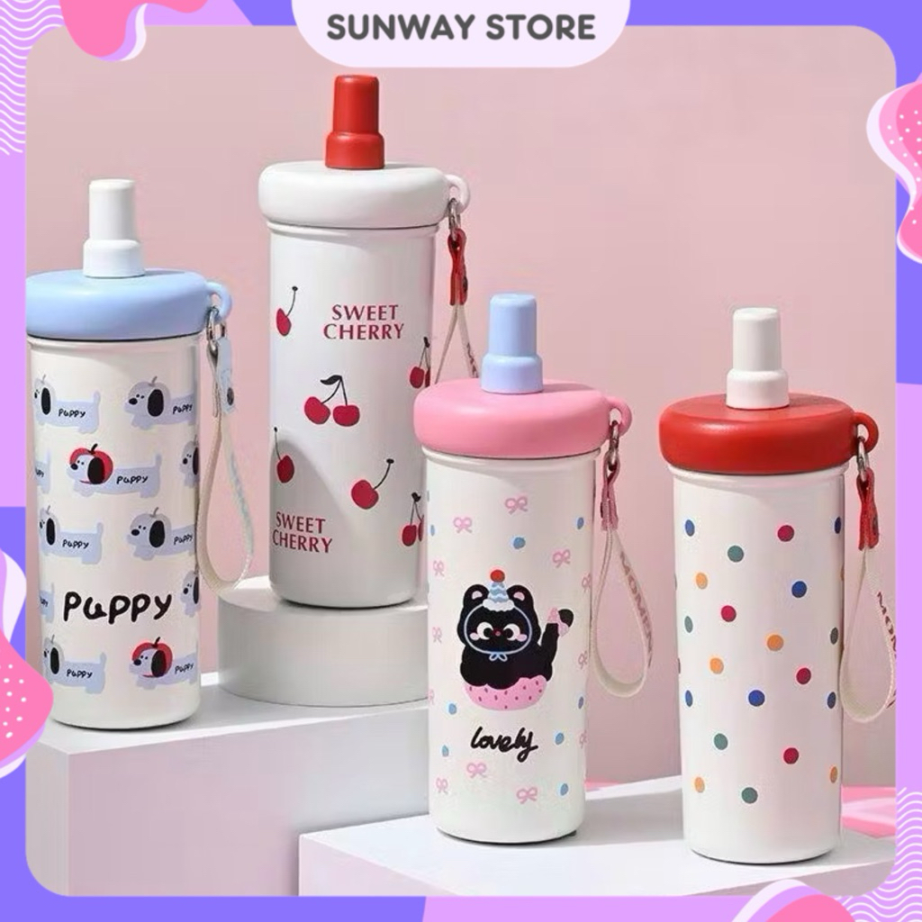 SUNWAYSTORE - แก้วน้ํา Cherry Paws 600ml Stainless SUS 316 / ขวดดื่มแมว Cherry Puppy น่ารัก / แก้วน้