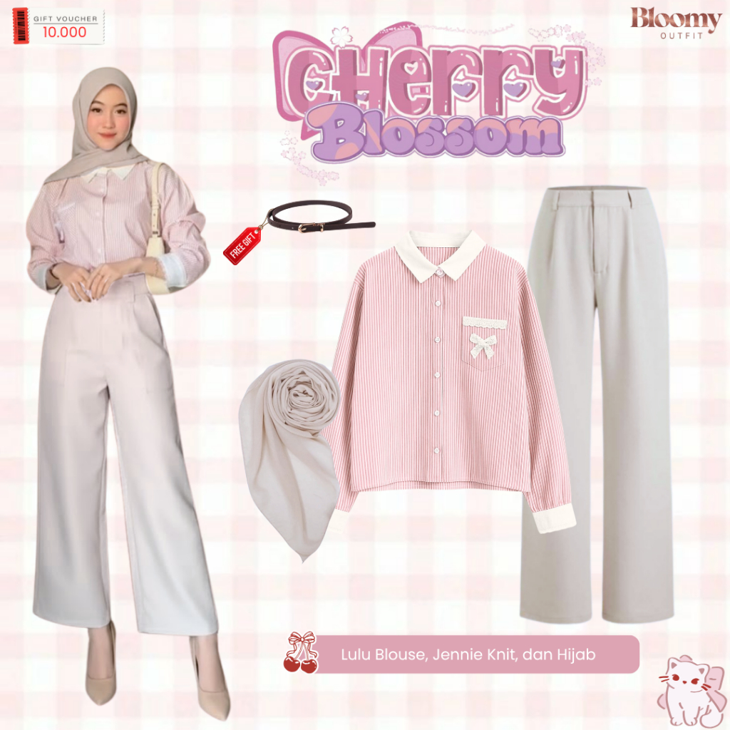 One Set Womens 3in1 สไตล์เกาหลี ( เสื้อ Lulu + Jennie Knit + Hijab) Girly Outfit Kekian - LM06