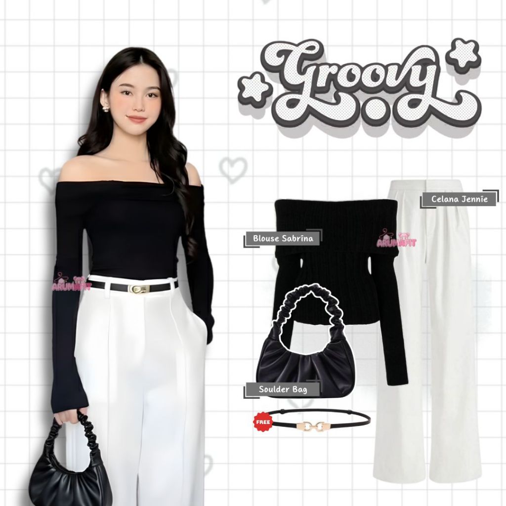 One Set Women 3in1 (เสื้อ Sabrina, กางเกง Jennie, กระเป๋า Soulder) สาวเกาหลี Look Outfit - AF48