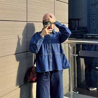 Atasan Wanita Blouse Jeans Ruffle Lengan Panjang Denim Shirt Flare Premium dengan Desain Elegan dan Stylish Alea terbaru kekinian