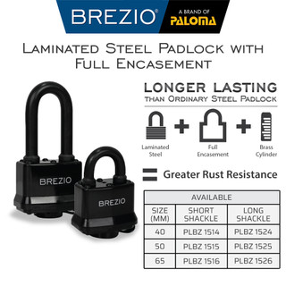 BREZIO Gembok Padlock Pagar Gerbang Loker Gembok Kunci Pintu Mobil Box Leher Panjang Pendek Long Short Shackle Encased Baja Laminated Steel Silinder Kuningan Brass Cylinder Black Hitam PLBZ 1514 PLBZ 1515 PLBZ 1516 PLBZ 1524 PLBZ 1525 PLBZ 1526
