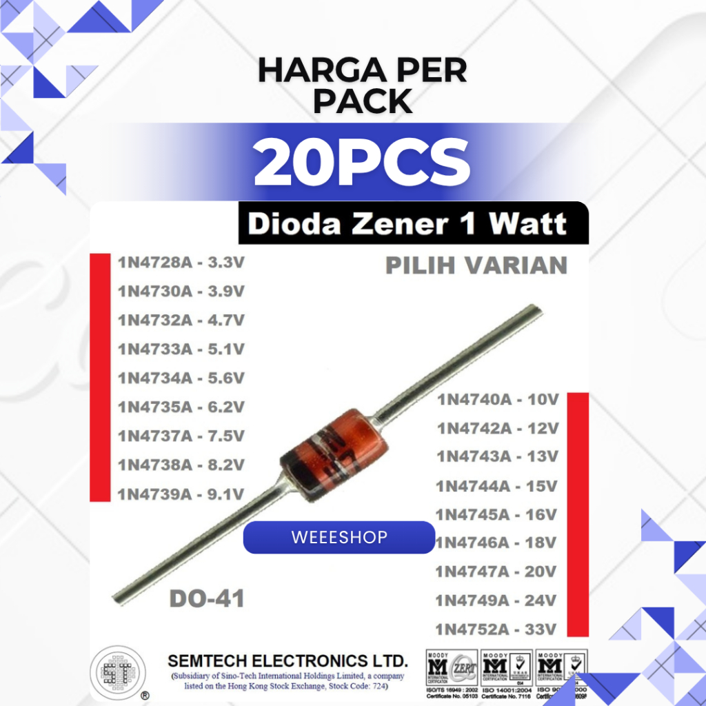 DIODE ZENER DIEDE 1 WATT 1W 3.3V-33V 1N4728-1N4752 5V1 5V6 12V 15V 24V