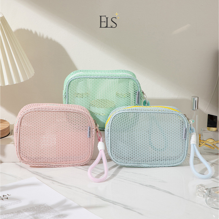 ELSA กระเป๋าเครื่องสําอางมัลติฟังก์ชั่นกระเป๋ากระเป๋าตาข่ายกล่องกระเป๋าเดินทางอเนกประสงค์สีพาสเทลควา