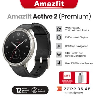 Amazfit Active 2 Premium Jam Pintar 44mm Layar Kaca Safir 1.32” GPS Panduan Peta 160 Mode Olahraga Pemantauan Kesehatan Tali Kulit Baterai Tahan Lama Notifikasi Pintar