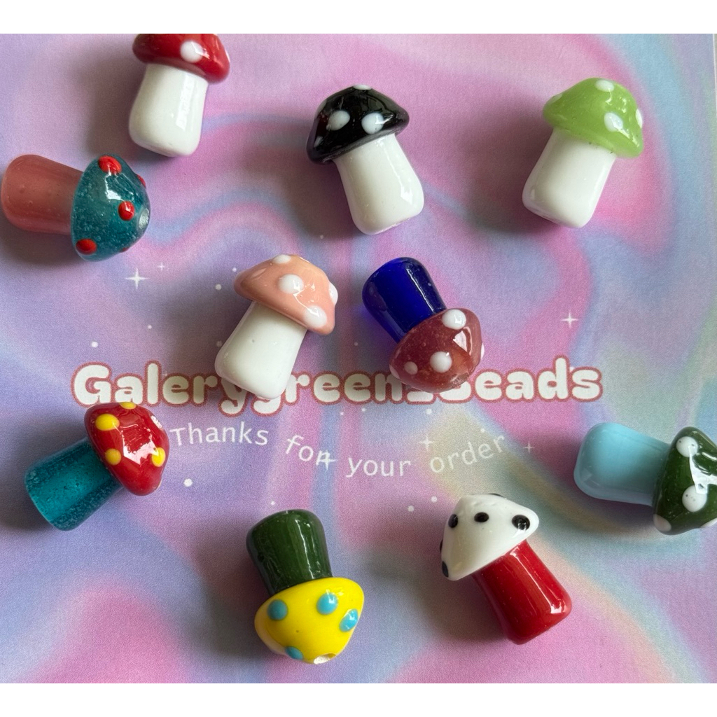 5 ชิ้น GLASS MUSHROOM BEADS/ลูกปัดแก้ว/ลูกปัดแก้วอินโดนีเซีย/มุก