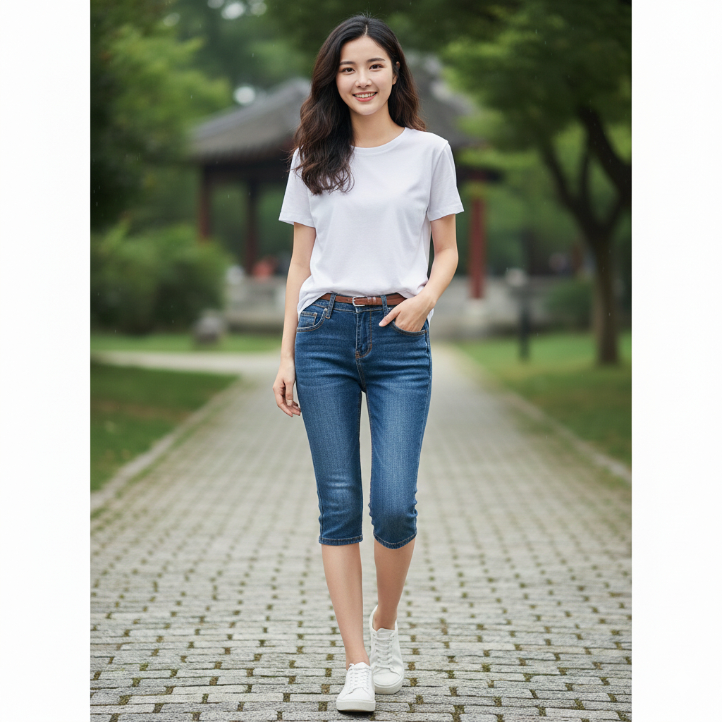 กางเกงยีนส์สตรี 7/8 Highwaist Denim Streetwear Premium